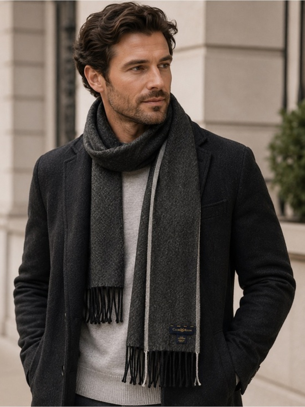 Club Room 100% Cashmere Charcoal Gray Fringe Scarf Reversible Luxury Unisex
